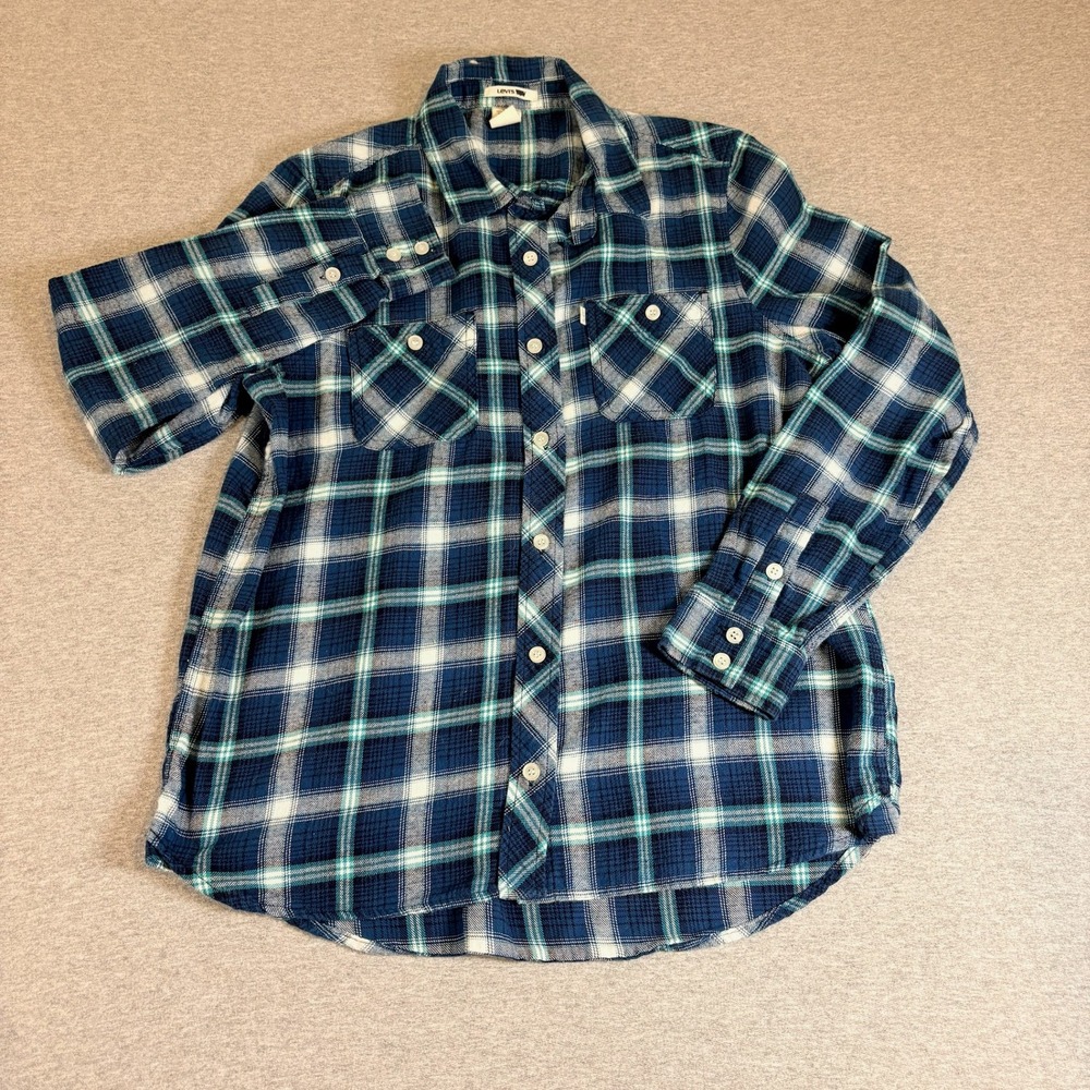 Levi's Flannel Button Down‎ Shirt Mens Medium Blue Plaid Long Sleeve Cotton